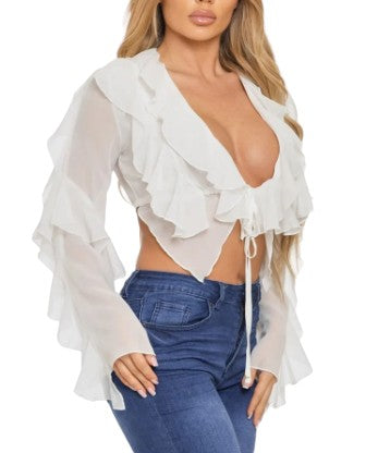 Jessa Ruffled White Long Sleeve Top