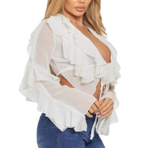 Jessa Ruffled White Long Sleeve Top