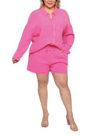Pink 'Marina' Two-Piece Long Sleeve and Shorts Set